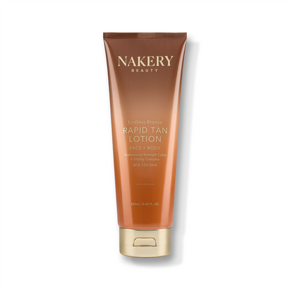 A tube of NAKERY BEAUTY Endless Bronze Rapid Tan Lotion, featuring a warm bronze-brown gradient tube with a metallic gold cap, set against a clean white background.