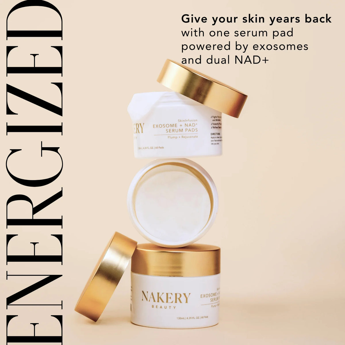 Nakery Beauty Exosome + NAD+ Serum Pads in white and gold jars, formulated with exosomes and dual NAD+ to help rejuvenate the appearance of skin.
