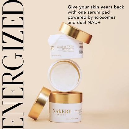 Nakery Beauty Exosome + NAD+ Serum Pads in white and gold jars, formulated with exosomes and dual NAD+ to help rejuvenate the appearance of skin.
