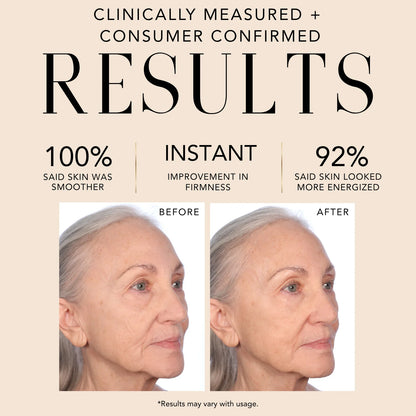 Before-and-after skincare comparison highlighting clinically measured results, including smoother-looking skin, improved firmness, and a more energized appearance.
