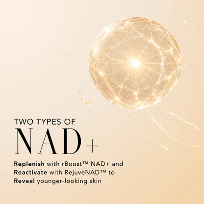 Highlighting two types of NAD+, rBoost NAD+ and RejuveNAD, formulated to replenish and reactivate NAD+ for younger-looking skin.