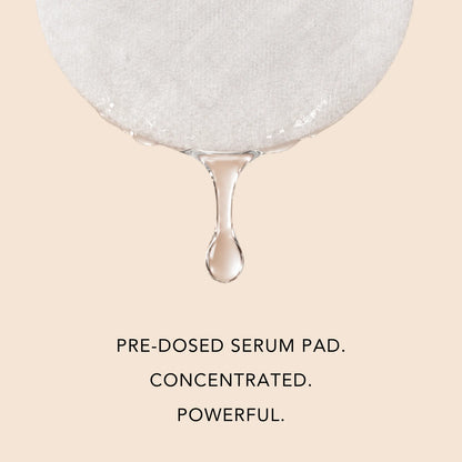 Close-up of a pre-dosed Nakery Beauty serum pad saturated with concentrated skincare serum.
Alt Text: Woman applying a Nakery Beauty Exosome + NAD+ Serum Pad featuring rBoost NAD+, RejuveNAD, and PhytoCellTec exosomes.