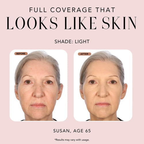 Before-and-after comparison showing Nakery Beauty Plumping Velvet Foundation in Light shade providing smooth, natural-looking full coverage.