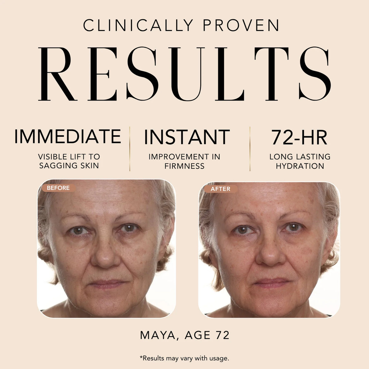 Before-and-after comparison of Maya, age 72, showing clinically proven visible improvement in sagging skin and firmness with 72-hour hydration.