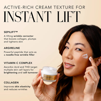 Woman applying Nakery Beauty Lift-TOX Multi-Power Firming Rich Cream, featuring Sepilift, Argireline, vitamin C complex, and collagen for firmer, brighter, smoother-looking skin.