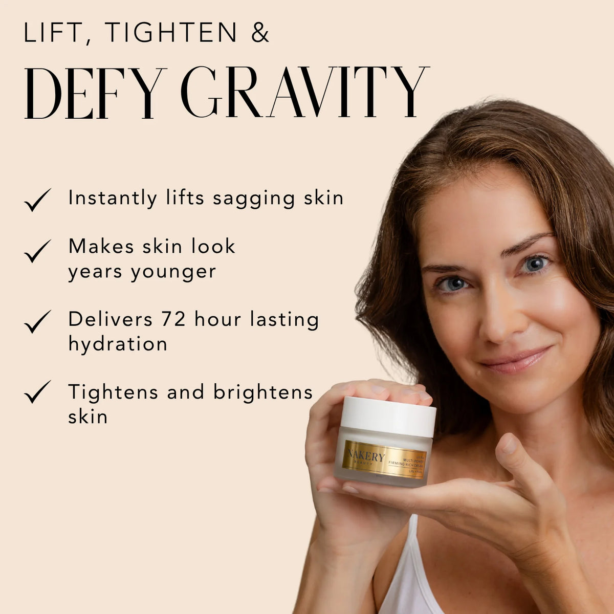 Woman holding Nakery Beauty Lift-TOX Multi-Power Firming Rich Cream, designed to lift and tighten skin, brighten the complexion, and provide 72-hour hydration.