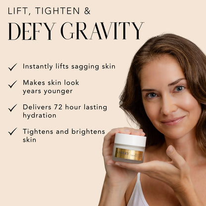 Woman holding Nakery Beauty Lift-TOX Multi-Power Firming Rich Cream, designed to lift and tighten skin, brighten the complexion, and provide 72-hour hydration.