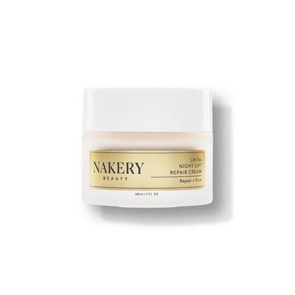 A white cosmetic jar of NAKERY BEAUTY Lift-Its Night Lift Repair Cream with a gold label, set against a clean white background with a soft shadow.