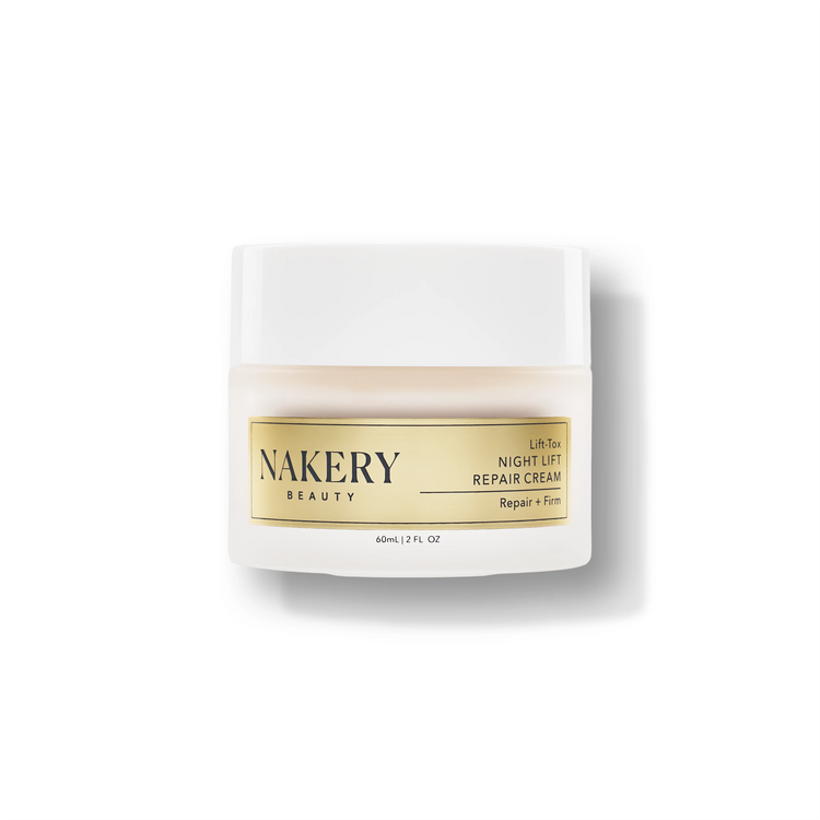 A white cosmetic jar of NAKERY BEAUTY Lift-Its Night Lift Repair Cream with a gold label, set against a clean white background with a soft shadow.