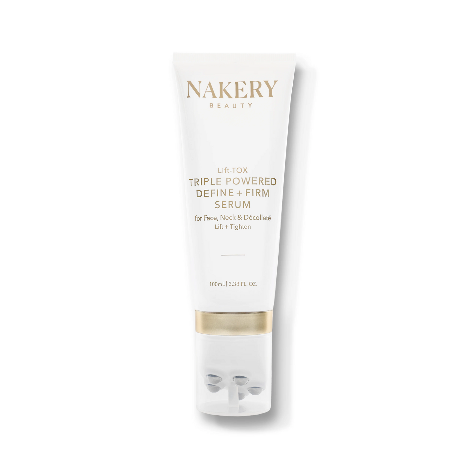 A white squeeze tube of Nakerly Beauty Lift-Tox Triple Powered Define + Firm Serum, featuring gold lettering and a metallic gold band near the cap, set against a clean white background with a soft shadow.
