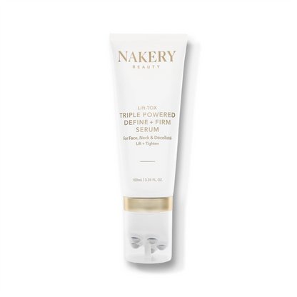 A white squeeze tube of Nakerly Beauty Lift-Tox Triple Powered Define + Firm Serum, featuring gold lettering and a metallic gold band near the cap, set against a clean white background with a soft shadow.