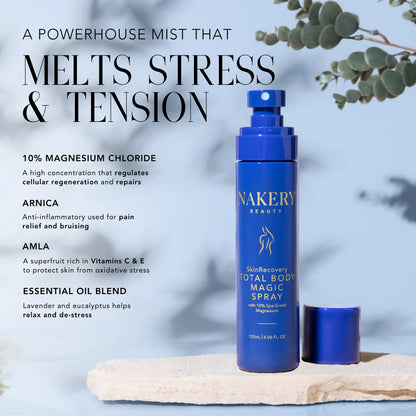 Nakery Beauty Total Body Magic Spray with magnesium chloride, arnica, amla, lavender, and eucalyptus to help relieve tension and promote relaxation.