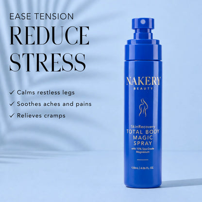 Nakery Beauty Total Body Magic Spray designed to ease tension, calm restless legs, soothe aches and pains, and relieve cramps.
