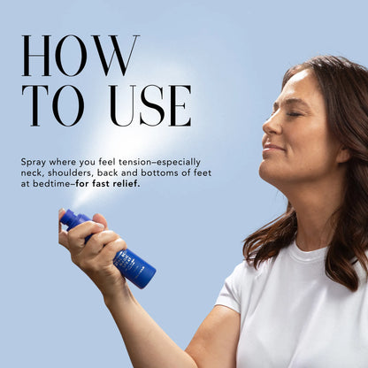 Woman using Nakery Beauty Total Body Magic Spray, designed to be sprayed on areas of tension such as the neck, shoulders, back, and feet.