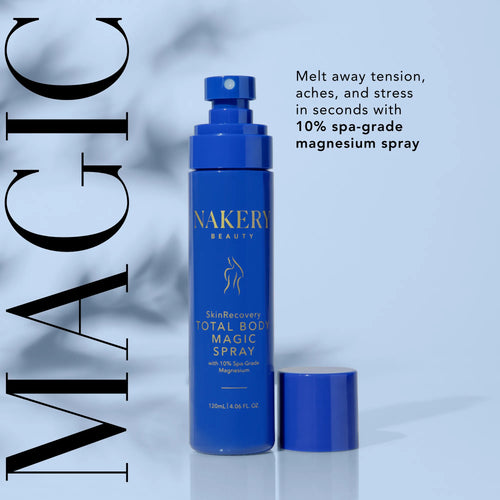 Nakery Beauty Total Body Magic Spray with 10% spa-grade magnesium, formulated to help ease tension, aches, and stress.