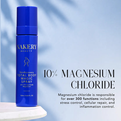 Nakery Beauty Total Body Magic Spray featuring 10% magnesium chloride to support stress control, cellular repair, and inflammation control.
