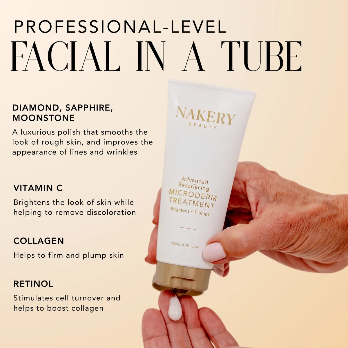 Nakery Beauty Advanced Resurfacing Microderm Treatment featuring diamond, sapphire, and moonstone powders, vitamin C, collagen, and retinol for smoother, brighter-looking skin.