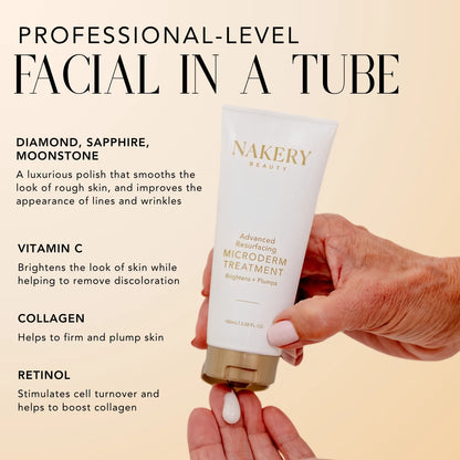 Nakery Beauty Advanced Resurfacing Microderm Treatment featuring diamond, sapphire, and moonstone powders, vitamin C, collagen, and retinol for smoother, brighter-looking skin.
