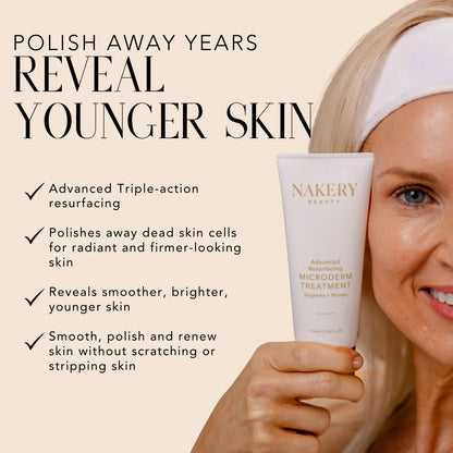 Woman holding Nakery Beauty Advanced Resurfacing Microderm Treatment, a triple-action exfoliating treatment designed to polish away dead skin and reveal smoother, brighter, younger-looking skin.