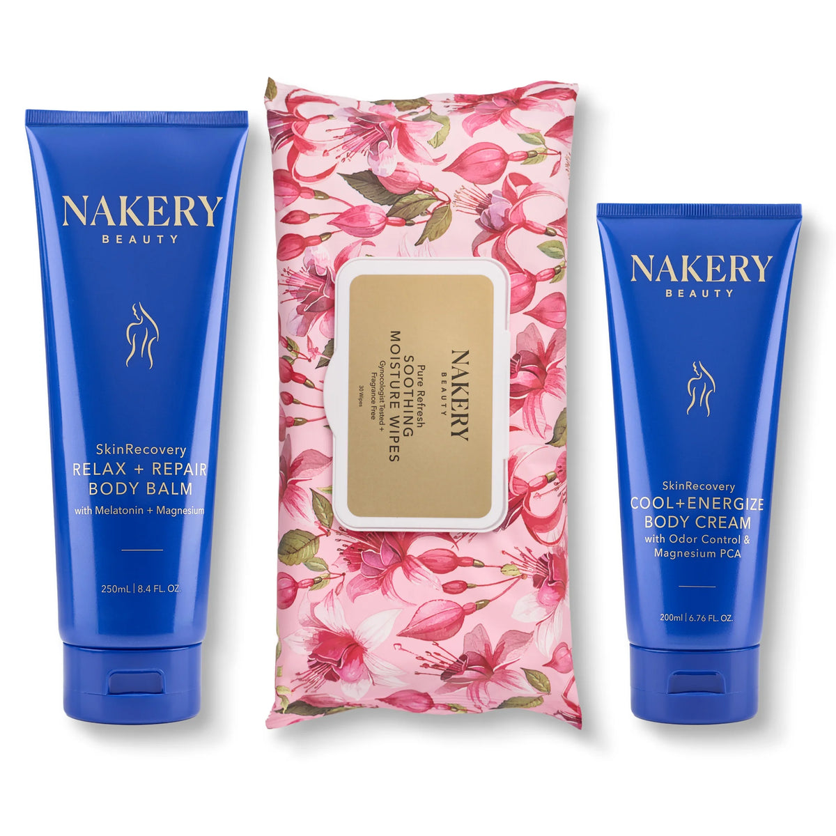 Nakery Beauty Menopause Essentials Bundle featuring SkinRecovery Relax + Repair Body Balm, Pure Refresh Soothing Moisture Wipes, and SkinRecovery Cool + Energize Body Cream.