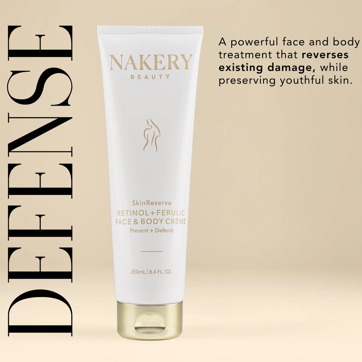 Nakery Beauty SkinReserve Retinol + Ferulic Face &amp; Body Crème in a white and gold tube, formulated to help reverse visible skin damage and preserve youthful-looking skin.