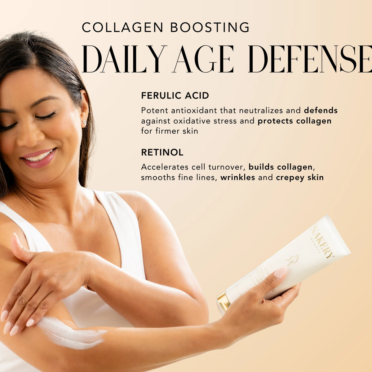 Woman applying Nakery Beauty SkinReserve Retinol + Ferulic Face &amp; Body Crème to her arm, featuring ferulic acid and retinol for collagen support, firmness, and smoother skin.