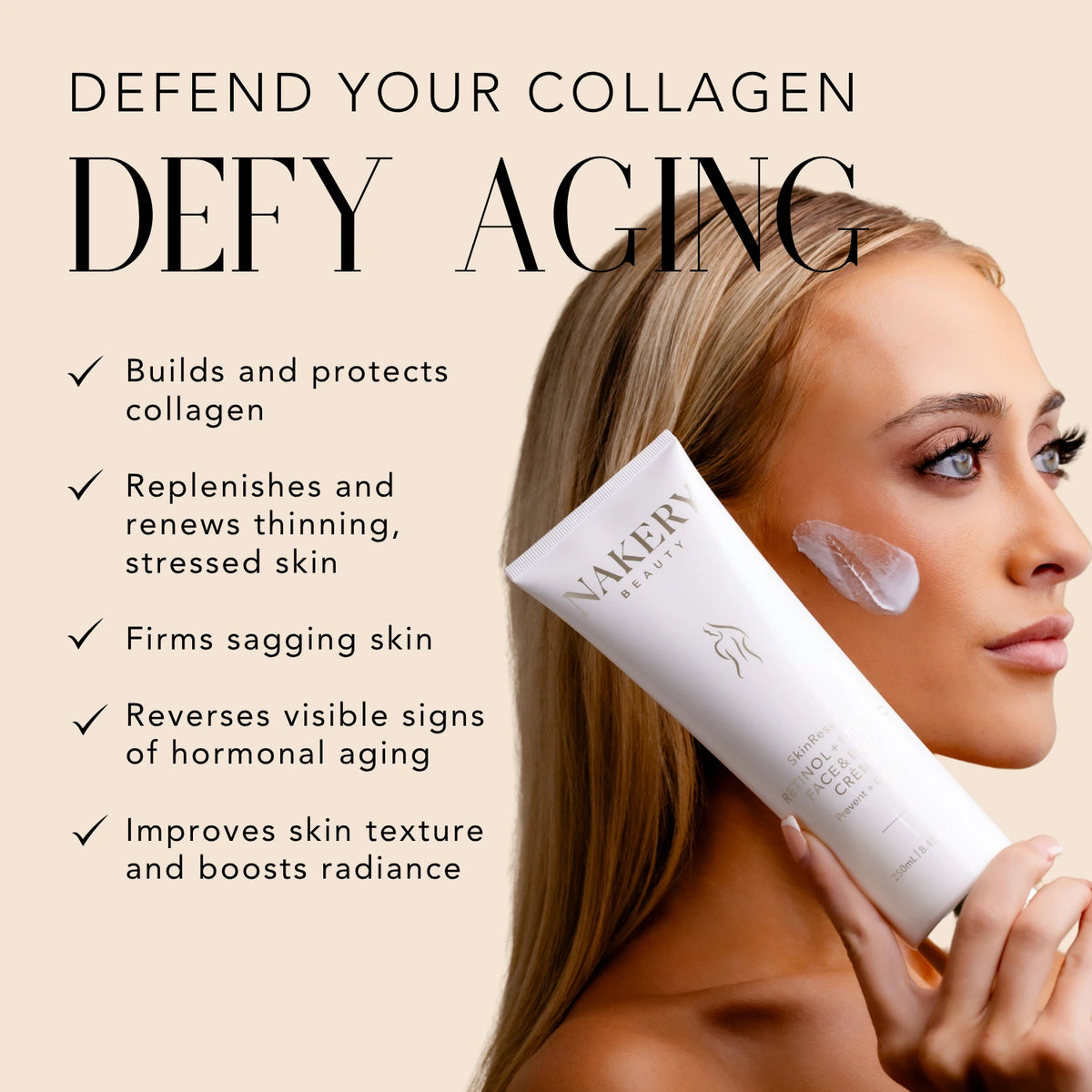 Woman holding Nakery Beauty SkinReserve Retinol + Ferulic Face &amp; Body Crème with cream on her cheek, highlighting collagen protection, firmer skin, improved texture, and radiance.