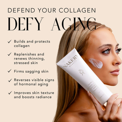 Woman holding Nakery Beauty SkinReserve Retinol + Ferulic Face &amp; Body Crème with cream on her cheek, highlighting collagen protection, firmer skin, improved texture, and radiance.
