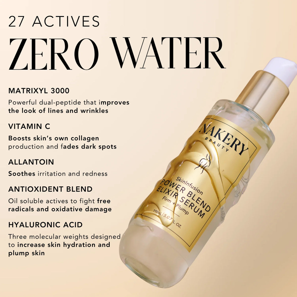 Nakery Beauty Power Blend Elixir Serum highlighting Matrixyl 3000, vitamin C, allantoin, antioxidants, and hyaluronic acid for smoother, brighter, hydrated, plumper-looking skin.