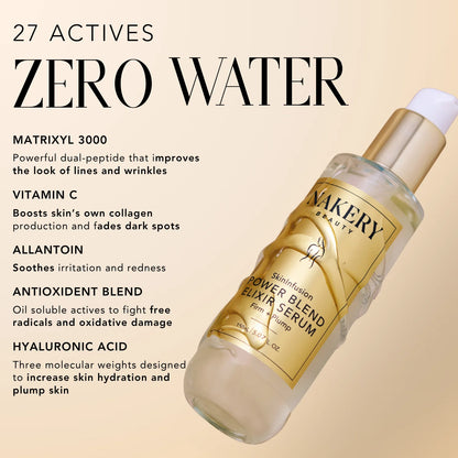 Nakery Beauty Power Blend Elixir Serum highlighting Matrixyl 3000, vitamin C, allantoin, antioxidants, and hyaluronic acid for smoother, brighter, hydrated, plumper-looking skin.