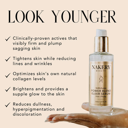 Nakery Beauty SkinInfusion Power Blend Elixir Serum highlighting firming, plumping, brightening, collagen-supporting, and wrinkle-reducing skincare benefits.