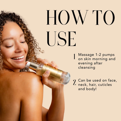 Woman applying Nakery Beauty Power Blend Elixir Serum to her shoulder, with directions for using 1–2 pumps on the face, neck, hair, cuticles, and body.