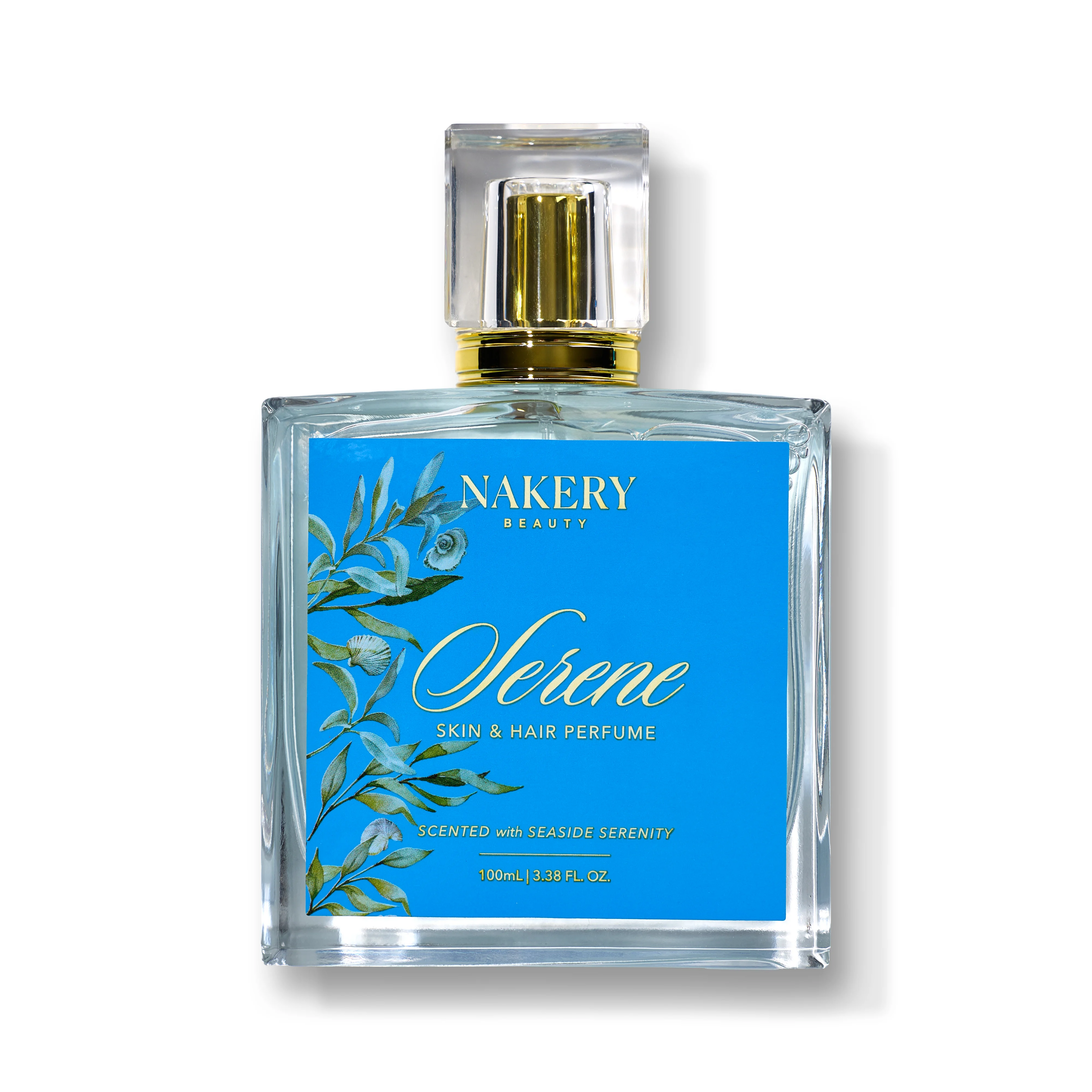 NAKERY BEAUTY Serene SKIN &amp; HAIR PERFUME, decorated with blue-green botanical illustrations, on a white background.