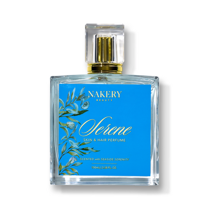 NAKERY BEAUTY Serene SKIN &amp; HAIR PERFUME, decorated with blue-green botanical illustrations, on a white background.