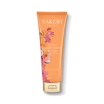 SkinFirm Body and Hair Wash Tropical Therapy 341ml, a refreshing body and hair cleanser designed to gently cleanse, nourish, and leave skin and hair feeling soft, smooth, and refreshed.
