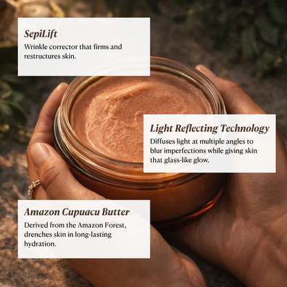 A woman holding a jar of Beach Glow Balm with ingredient call outs. 