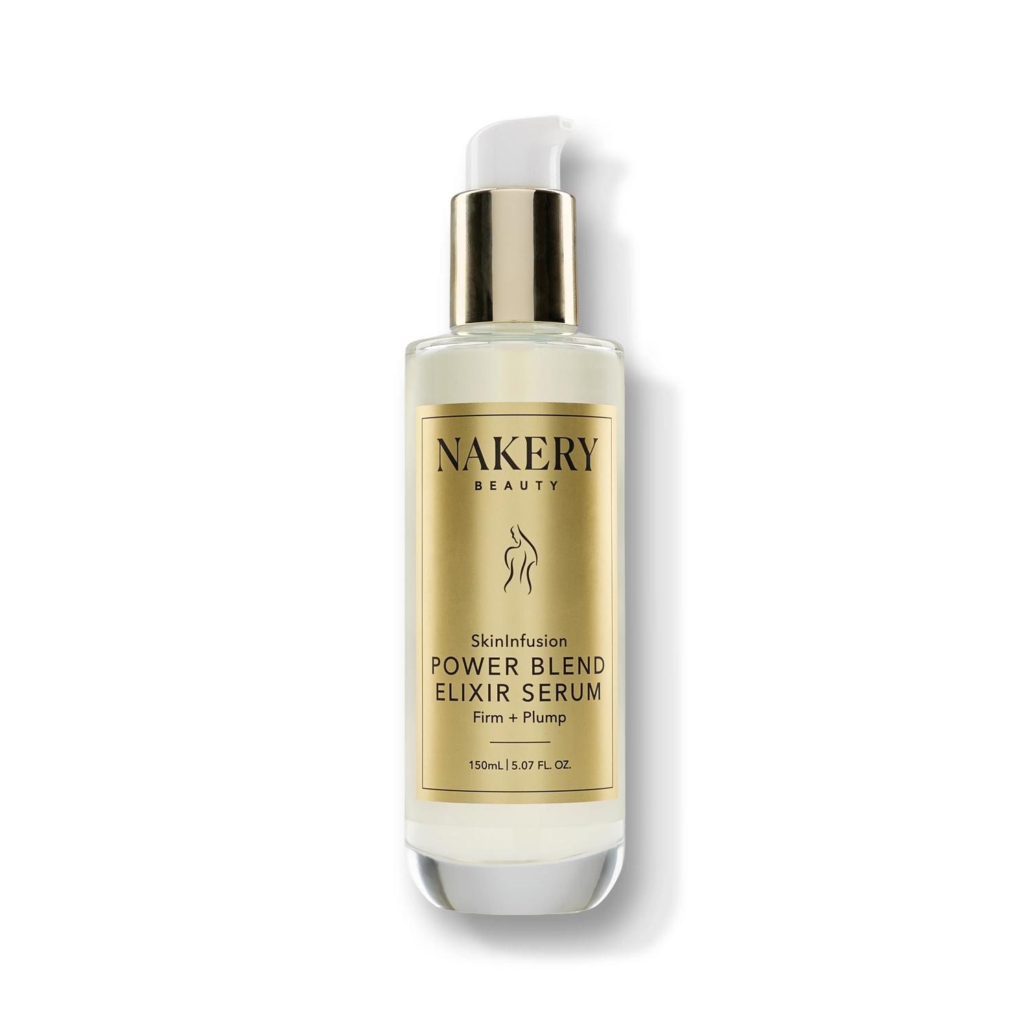 A 150ml glass bottle of NAKERY BEAUTY Skininfusion Power Blend Elixir Serum, featuring a white pump, a shiny gold collar, and a gold label with black text, set against a clean white background with a soft shadow.