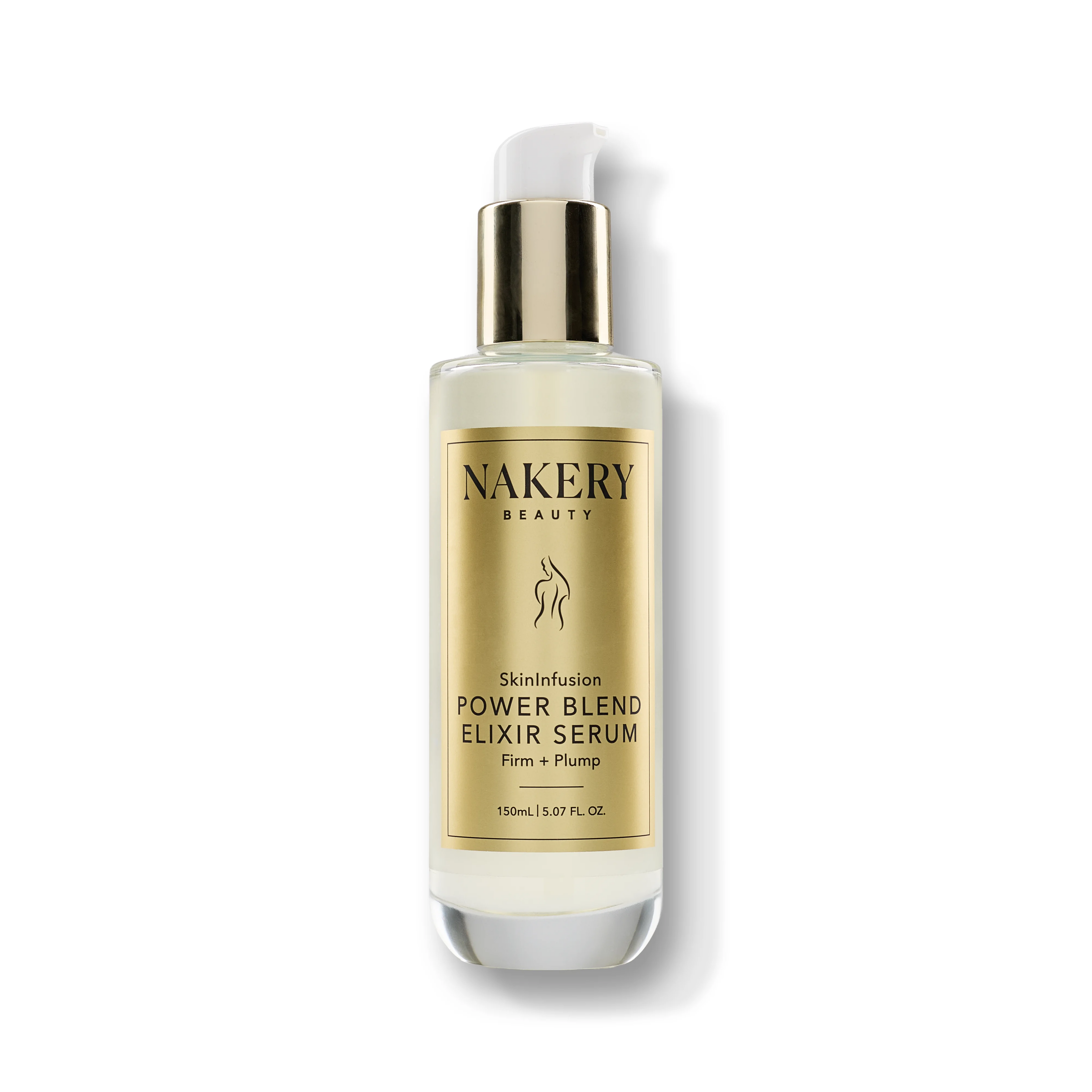 A 150ml glass bottle of NAKERY BEAUTY Skininfusion Power Blend Elixir Serum, featuring a white pump, a shiny gold collar, and a gold label with black text, set against a clean white background with a soft shadow.