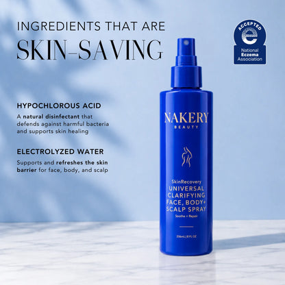Nakery Beauty Universal Clarifying Face, Body + Scalp Spray featuring hypochlorous acid and electrolyzed water to support and refresh the skin barrier.