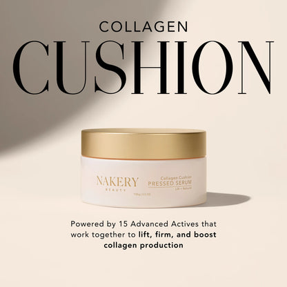 Nakery Beauty Collagen Cushion Pressed Serum in a gold-lidded jar, powered by 15 advanced actives to help lift, firm, and boost collagen production.