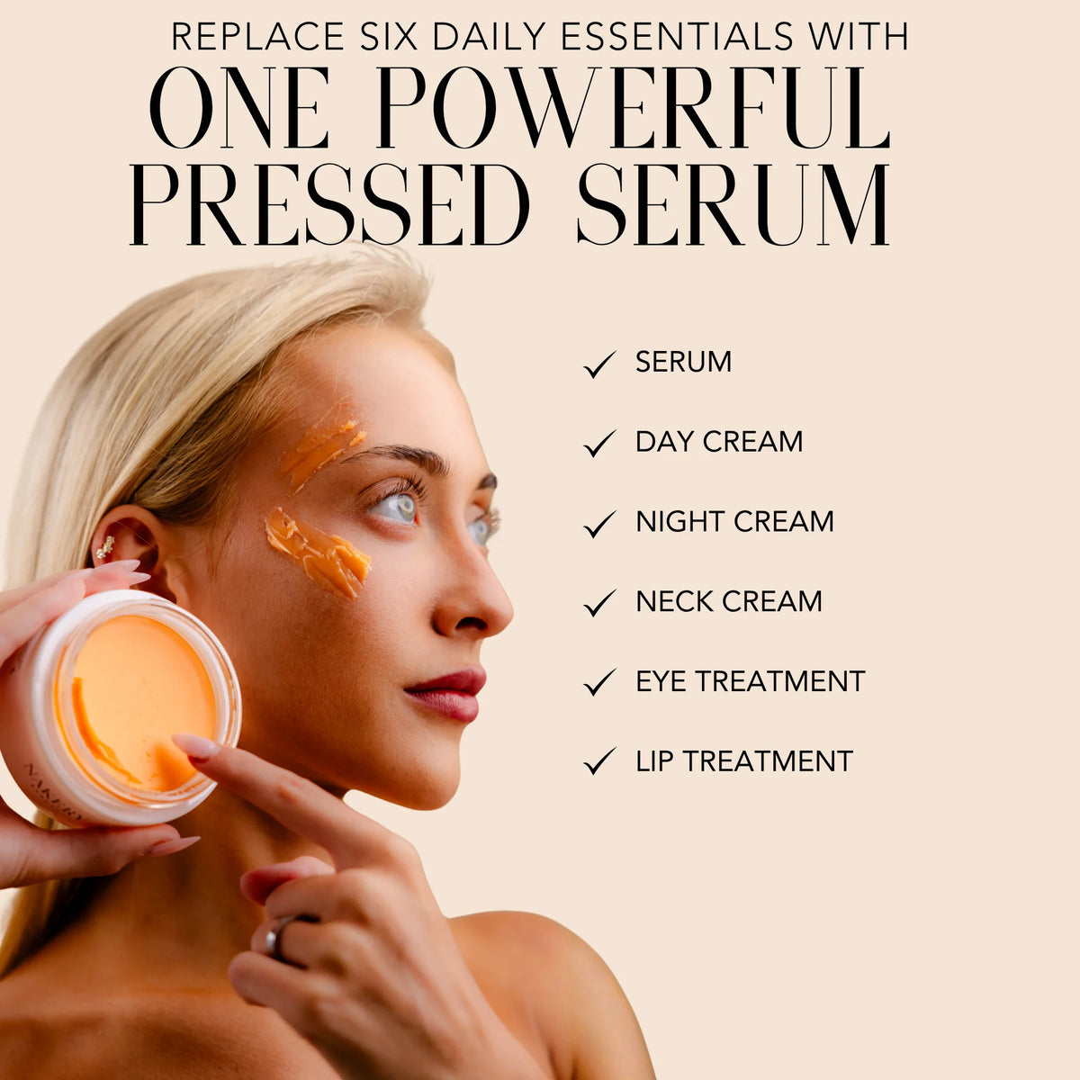 Model applying Nakery Beauty Collagen Cushion Pressed Serum, an all-in-one treatment designed to replace serum, day cream, night cream, neck cream, eye treatment, and lip treatment.