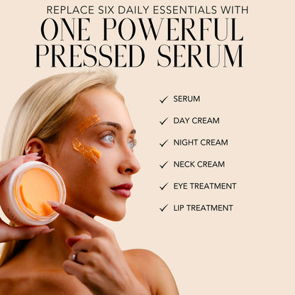 Model applying Nakery Beauty Collagen Cushion Pressed Serum, an all-in-one treatment designed to replace serum, day cream, night cream, neck cream, eye treatment, and lip treatment.