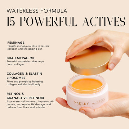 Nakery Beauty Collagen Cushion Pressed Serum featuring a waterless formula with 15 powerful actives, including Feminage, Buah Merah Oil, collagen and elastin liposomes, retinol, and Granactive Retinoid.