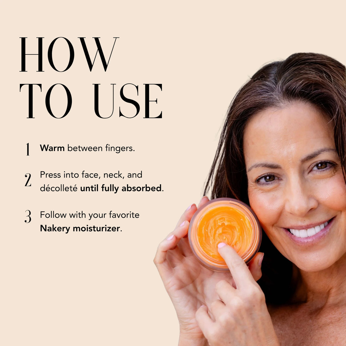 Model holding Nakery Collagen Cushion Pressed Serum with instructions to warm between fingers, press into the face, neck, and décolleté until absorbed, then follow with moisturizer.