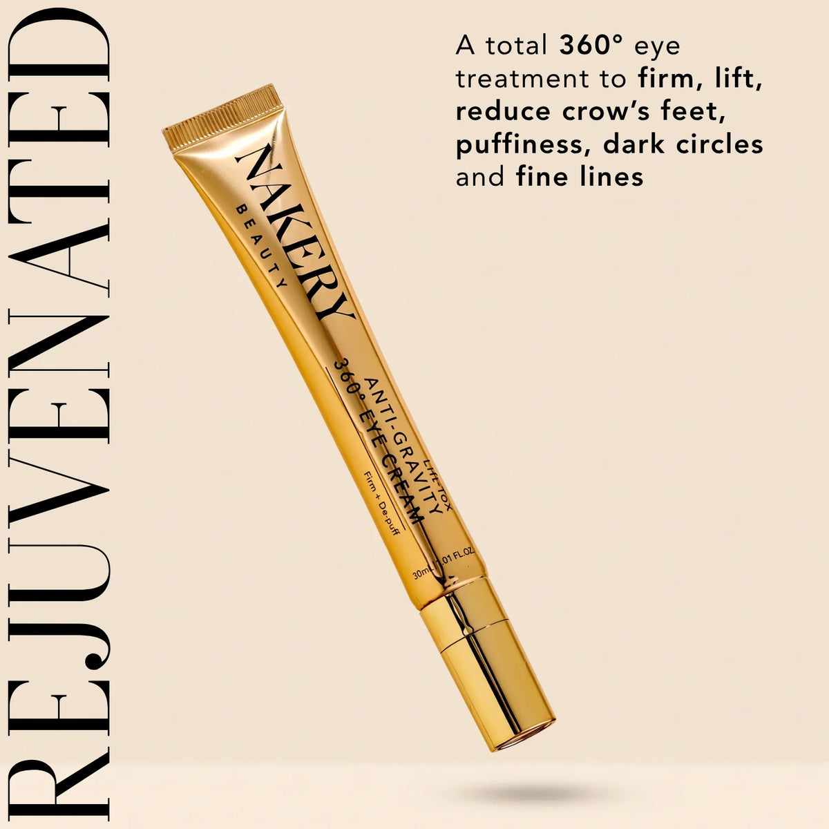 Nakery Beauty Lift-TOX Anti-Gravity 360° Eye Cream, a rejuvenating eye treatment designed to firm, lift, and reduce the appearance of crow’s feet, puffiness, dark circles, and fine lines.