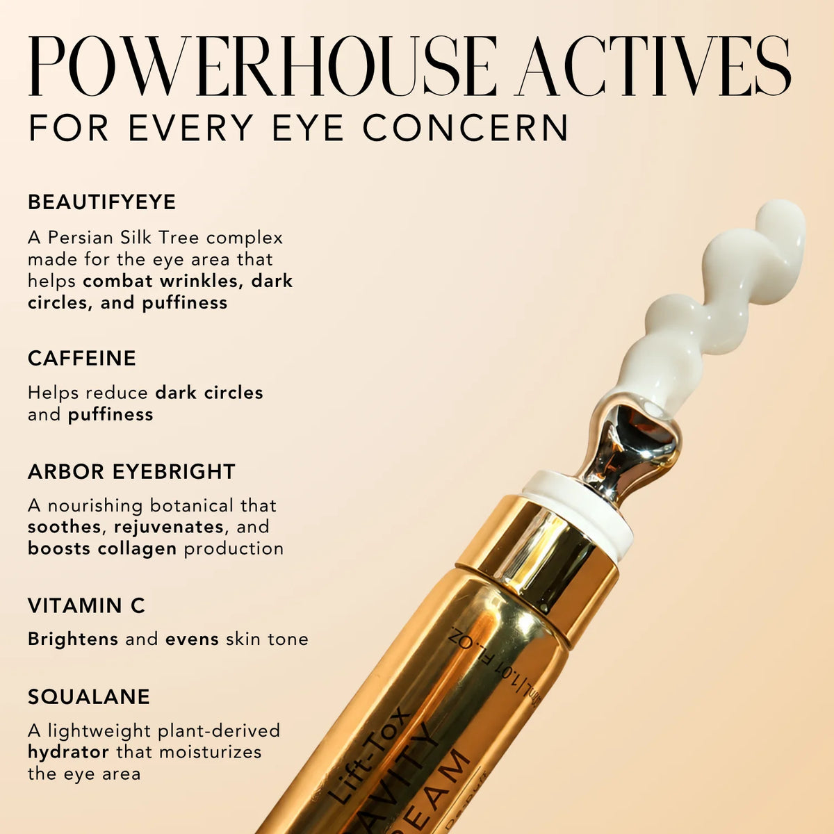 Nakery Beauty Lift-TOX Anti-Gravity Eye Cream highlighting Beautifeye, caffeine, Arbor Eyebright, vitamin C, and squalane for wrinkles, dark circles, puffiness, and hydration.