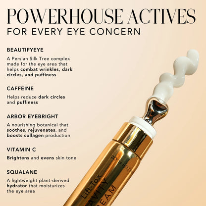 Nakery Beauty Lift-TOX Anti-Gravity Eye Cream highlighting Beautifeye, caffeine, Arbor Eyebright, vitamin C, and squalane for wrinkles, dark circles, puffiness, and hydration.