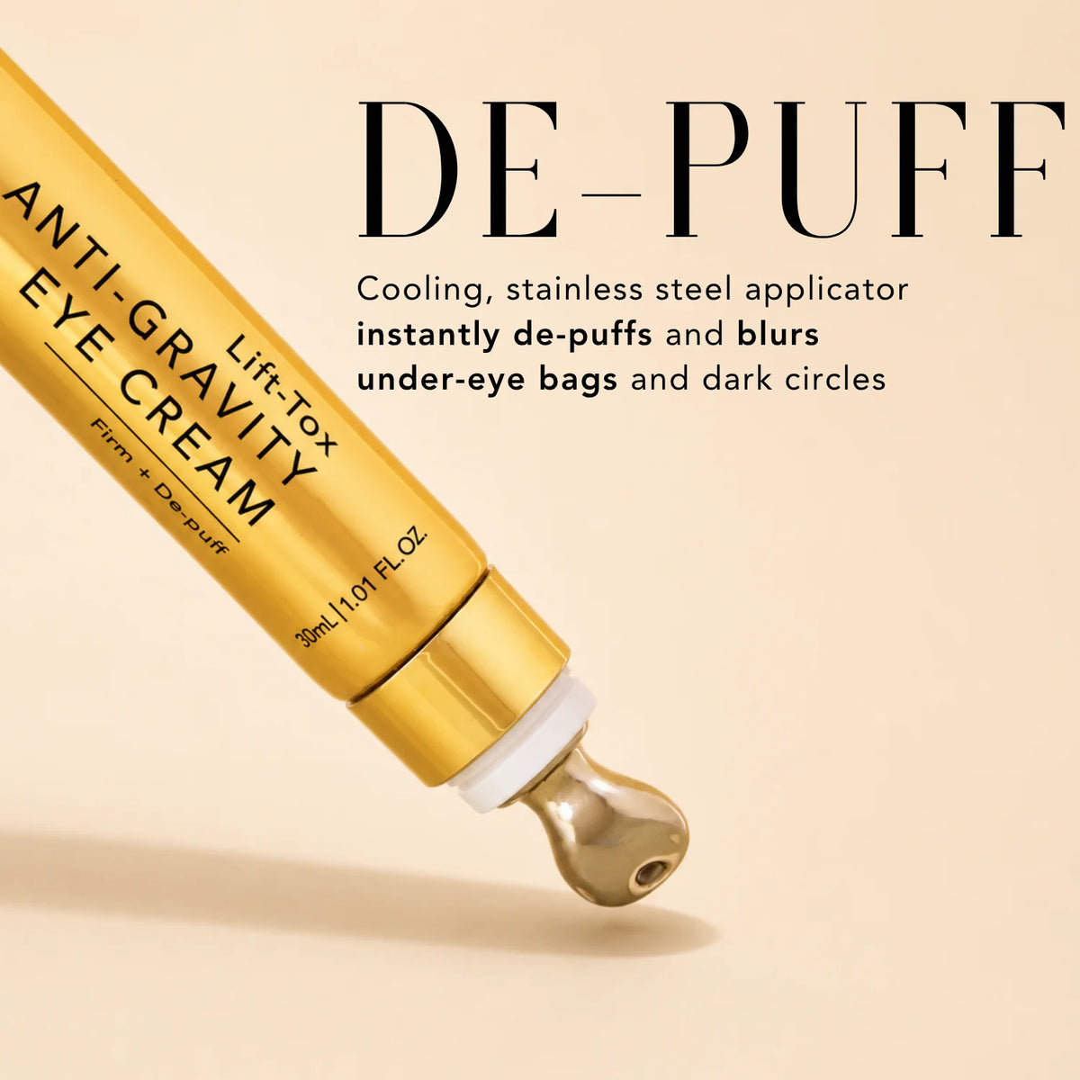 lose-up of Nakery Beauty Lift-TOX Anti-Gravity Eye Cream’s cooling stainless steel applicator, designed to help depuff and blur the look of under-eye bags and dark circles.