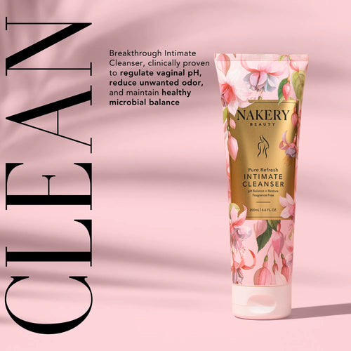 Nakery Beauty Pure Refresh Intimate Cleanser, a fragrance-free formula designed to support vaginal pH balance, reduce unwanted odor, and maintain a healthy microbial balance.