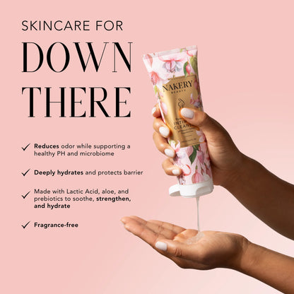 Nakery Beauty Pure Refresh Intimate Cleanser being dispensed into a hand, highlighting odor control, pH and microbiome support, hydration, and a fragrance-free formula.